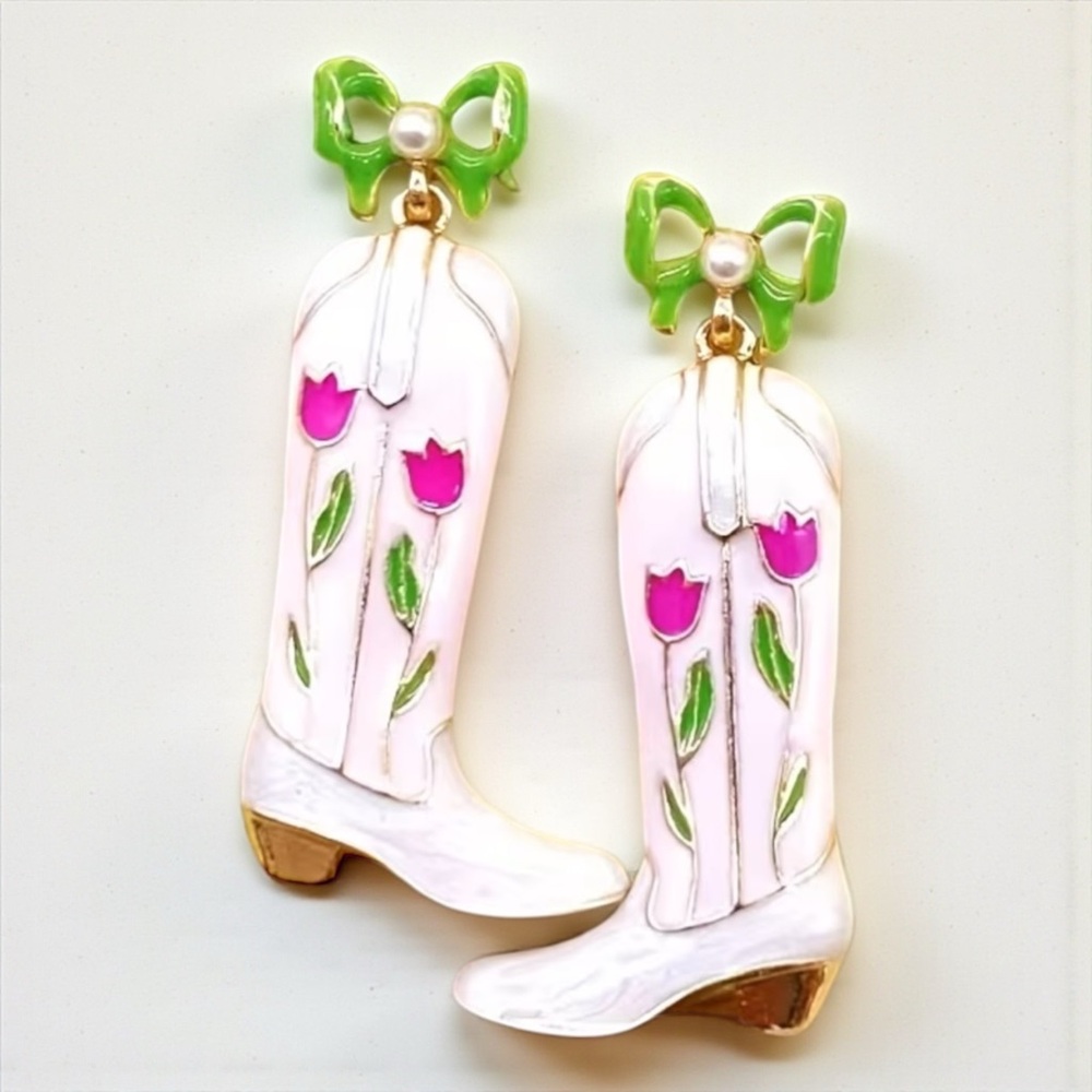 Pastel Cowboy Boot Earrings Tulip Floral Western Statement Dangles NWOT